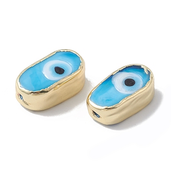Brass Beads, with Enamel, Real 18K Gold Plated, Oval with Evil Eye, Deep Sky Blue, 14x8x6mm, Hole: 1.4mm