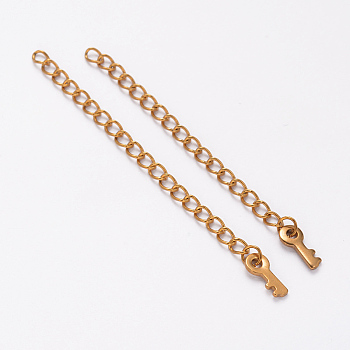 Ion Plating(IP) 304 Stainless Steel Chain Extender, with Skeleton key Charms, Golden, 62~70mm, Ring: 4x3x0.5mm