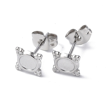 304 Stainless Steel Stud Earring Findings, Square with Round Tray Earring Settings, with Ear Nuts, Stainless Steel Color, Tray: 4mm, 7x7mm, Pin: 0.7mm