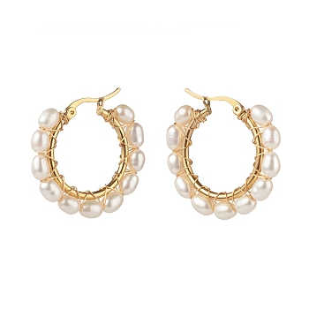 Natural Pearl Beads Brass Hoop Earrings, with 304 Stainless Steel Hooks, Ring, White, 30x30~32x4.5mm, Pin: 0.7mm