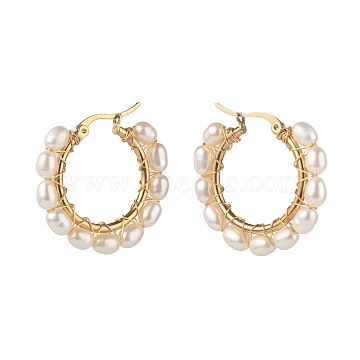 Natural Pearl Beads Brass Hoop Earrings, with 304 Stainless Steel Hooks, Ring, White, 30x30~32x4.5mm, Pin: 0.7mm(EJEW-JE04565-01)