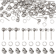 Pandahall 90Pcs 3 Size 202 Stainless Steel Ball Stud Earring Findings, with Loops & 304 Stainless Steel Pins & 90Pcs Jump Rings & 90Pcs Ear Nuts, Stainless Steel Color, 14~16mm, Hole: 1.6~2mm, Pin: 0.7mm, 30Pcs/size(STAS-TA0002-22)