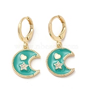 Moon & Star Real 18K Gold Plated Brass Dangle Leverback Earrings, with Enamel and Cubic Zirconia, Dark Turquoise, 28x13mm(EJEW-L268-029G-03)
