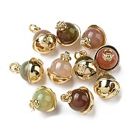 Natural Yanyuan Agate Bell Charms, with Brass Findings, Real 14K Gold Plated, 13x10.5mm, Hole: 2.5mm(G-R489-24G)