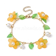 Acrylic Flower & Glass Pearl Charm Bracelets, with Brass Chains, Orange, 6-7/8~7-1/8 inch(17.5~18cm)(BJEW-JB10054-05)