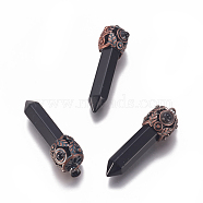 Natural Obsidian Big Pointed Pendants, with Brass Findings, Bullet, Red Copper, 53.2x11~17x10.5~20.5mm, Hole: 7.5x5mm(G-K296-C01)
