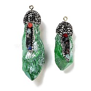 Electroplated Raw Rough Natural Quartz Crystal Big Pendants, Spray Painted Chakra Nuggets Charms with Iron Rhinestone Findings, Green, 48~66.5x18~19x12~16mm, Hole: 2mm(G-B077-04A-06)