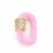 Brass Micro Pave Clear Cubic Zirconia Screw Carabiner Lock Charms, with Enamel, for Necklaces Making, Cadmium Free & Nickel Free & Lead Free, Oval, Real 16K Gold Plated, Pearl Pink, 19x12x2.5mm, Screw: 6x6mm(ZIRC-S067-068E-NR)