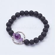 Natural Lava Rock Beads Stretch Bracelets, with Amethyst Beads and Alloy Findings, 2 inch(52mm)(BJEW-JB02838-05)