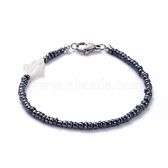 Glass Seed Bead Beaded Bracelets, with Hamsa Hand Natural Shell Beads and 304 Stainless Steel Lobster Claw Clasps, Prussian Blue, 7-1/2 inch(19cm)(BJEW-JB05255-05)