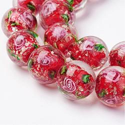 Handmade Gold Sand Lampwork Beads Strands, Inner Flower, Round, Red, 12.5~13.5mm, Hole: 1.5mm, about 28pcs/strand, 14.88 inch(37.8cm)(LAMP-E015-02B)
