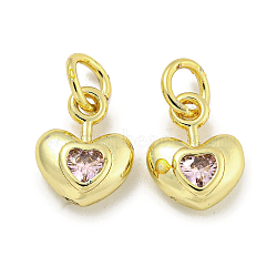 Rack Plating Brass Micro Pave Cubic Zirconia Charms, with Jump Ring, Cadmium Free & Lead Free, Real 18K Gold Plated, Long-Lasting Plated, Heart, Pink, 10x8x3.5mm, Hole: 3mm(KK-E114-01G-01)