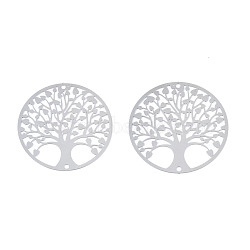 201 Stainless Steel Filigree Links, Etched Metal Embellishments, Flat Round with Tree of Life, Stainless Steel Color, 30x0.2mm, Hole: 1.2mm(STAS-S118-042)