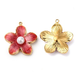 304 Stainless Steel Enamel Pendants, with ABS Imitation Pearl, Real 18K Gold Plated, Flower Charm, Crimson, 22x20.5x6mm, Hole: 1.4mm(STAS-K256-11G-04)
