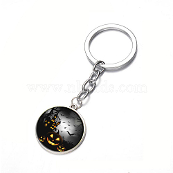 Alloy Keychain, with Glass, Flat Round with Halloween, Platinum, 80x25mm(KEYC-F028-68P-15)