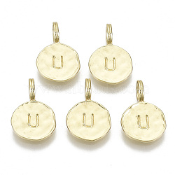 Alloy Pendants, Cadmium Free & Nickel Free & Lead Free, Flat Round with Letter, Real 18K Gold Plated, Letter.U, 17x11.5x1.5mm, Hole: 2.5mm(PALLOY-N157-004U-NR)