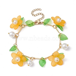 Acrylic Flower & Glass Pearl Charm Bracelets, with Brass Chains, Orange, 6-7/8~7-1/8 inch(17.5~18cm)(BJEW-JB10054-05)