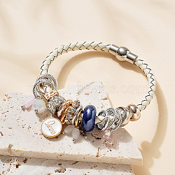 Faux Leather European Bracelets, Charm Bracelets for Women, with Alloy Rhinestone and Enamel & Stainless Steel Beads, Cornsilk, Inner Diameter: 2-1/2 inch(6.5cm)(FS-WG51552-02)