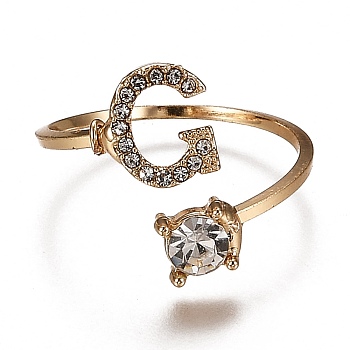 Alloy Cuff Rings, Open Rings, with Crystal Rhinestone, Golden, Letter.G, US Size 7 1/4(17.5mm)