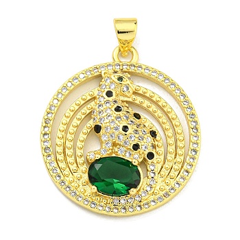 Brass Micro Pave Cubic Zirconia Pendants, with Enamel, Ring with Leopard Charms, Real 18K Gold Plated, 27.5x24.5x4mm, Hole: 4x3.5mm