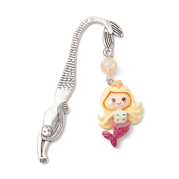 Mermaid Resin Pendant Bookmarks, with Synthetic Crackle Quartz Bead, Yellow, 78.5mm, Pendant: 47x23x7.5mm