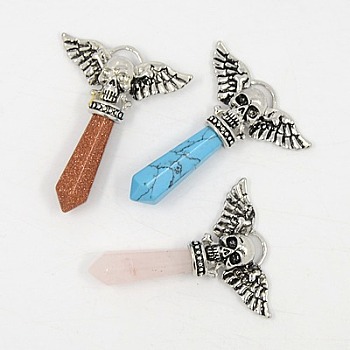 Natural & Synthetic Mixed Stone Pendants, with Alloy Pendant Settings, Faceted, Bullet with Skull, Antique Silver Metal Color, Mixed Color, 47x38x9.5mm, Hole: 3x7mm