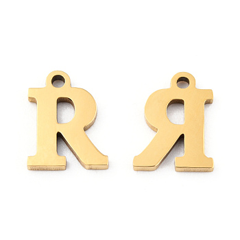 201 Stainless Steel Charms, Alphabet, Letter.R, 9x6.5x1mm, Hole: 1mm