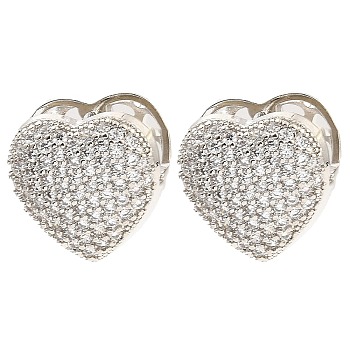 Brass Hoop Earrings with Cubic Zirconia, Heart, Platinum, 16x16x14mm