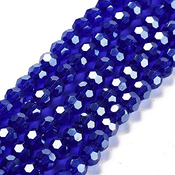Electroplate Transparent Glass Beads Strands, Faceted, Round, Pearl Luster Plated, Medium Blue, 6mm, Hole: 1mm, about 98~100pcs/strand, 20.39~20.59 inch(51.8~52.3cm)