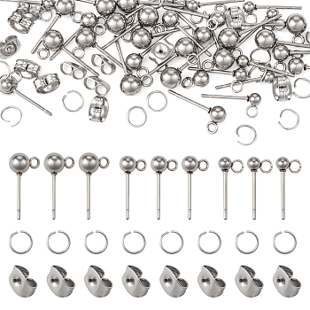 Pandahall 90Pcs 3 Size 202 Stainless Steel Ball Stud Earring Findings, with Loops & 304 Stainless Steel Pins & 90Pcs Jump Rings & 90Pcs Ear Nuts, Stainless Steel Color, 14~16mm, Hole: 1.6~2mm, Pin: 0.7mm, 30Pcs/size
