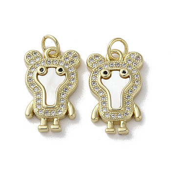 Brass Micro Pave Cubic Zirconia Pendants, with Shell, Real 18K Gold Plated, Bear, 19x12x3.5mm, Hole: 3mm