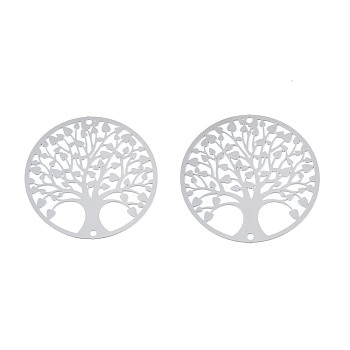 201 Stainless Steel Filigree Links, Etched Metal Embellishments, Flat Round with Tree of Life, Stainless Steel Color, 30x0.2mm, Hole: 1.2mm