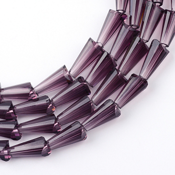 Transparent Glass Bead Strands, Cone, Purple, 9~12x6mm, Hole: 2mm, about 47~49pcs/strand, 18.70 inch~19.49 inch(47.5~49.5cm)