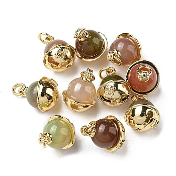 Natural Yanyuan Agate Bell Charms, with Brass Findings, Real 14K Gold Plated, 13x10.5mm, Hole: 2.5mm