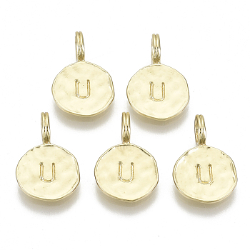 Alloy Pendants, Cadmium Free & Nickel Free & Lead Free, Flat Round with Letter, Real 18K Gold Plated, Letter.U, 17x11.5x1.5mm, Hole: 2.5mm