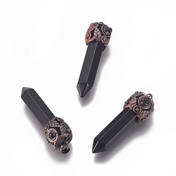Natural Obsidian Big Pointed Pendants, with Brass Findings, Bullet, Red Copper, 53.2x11~17x10.5~20.5mm, Hole: 7.5x5mm
