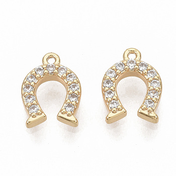 Brass Micro Pave Clear Cubic Zirconia Charms, Nickel Free, Real 18K Gold Plated, Horseshoe, 9x6.5x1.5mm, Hole: 0.7mm