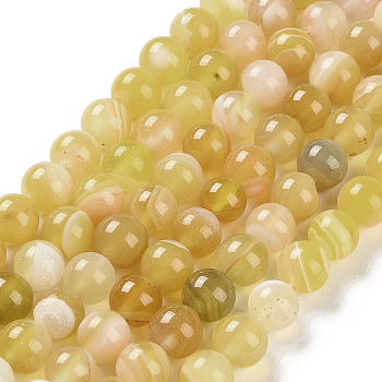 Natural Striped Agate/Banded Agate Beads Strands, Dyed, Round, Yellow, 8mm, Hole: 1.2mm, about 24pcs/strand, 7.48''(19cm)