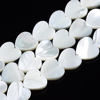 Natural Trochid Shell/Trochus Shell Beads Strands, Bleach, Heart, White, 12x12x3mm, Hole: 0.8mm, about 39~41pcs/strand, 15.55 inch~15.94 inch(39.5~40.5cm)