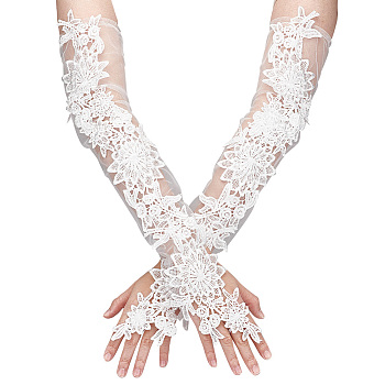 Flower Pattern Polyester Lace Cuff Mesh Long Fingerless Gloves, for Wedding Bride Supplies, White, 540~550x60~110x2mm