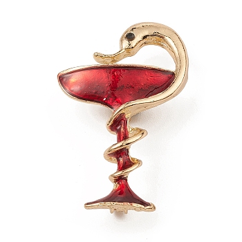 Golden Alloy Enamel Brooch Pin, with Rhinestone, Snake & Goblet, Red, 43.5x26.7x12mm