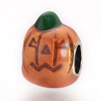 Alloy Enamel European Beads, Large Hole Beads, Pumpkin Jack-O'-Lantern, Halloween, Dark Orange, 13x9.5x10.5mm, Hole: 4.5mm