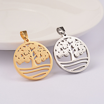 304 Stainless Steel Pendants, Flat Round with Tree, Mixed Color, 27x25x2mm, Hole: 6x4mm