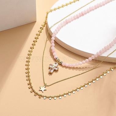 3Pcs 3 Style Natural Rose Quartz Cross & Star Pendant Necklaces Set with Brass Chains(NJEW-JN04032)-6