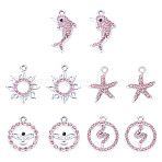 10Pcs 5 Styles Alloy Pendants, with Rhinestone, Platinum, Light Rose, 16.7~21.5x13~16.5mm, 2pcs/style (FIND-TADJ0001-26B)