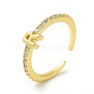 Clear Cubic Zirconia Initial Letter Open Cuff Ring, Real 18K Gold Plated Brass Jewelry for Women, Cadmium Free & Nickel Free & Lead Free, Letter.R, US Size 7 3/4(17.9mm)(RJEW-H120-09G-R)