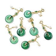 Natural Green Agate Donut Pendant Decorations, Natural Freshwater Pearl Ornament with Brass Spring Ring Clasps, Real 18K Gold Plated, 40mm, Hole: 3mm(G-R489-37G)