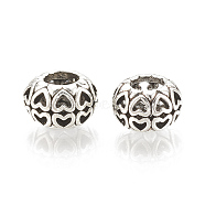 Alloy European Beads, Large Hole Beads, Hollow, Rondelle with Heart, Antique Silver, 11x7.5mm, Hole: 5mm(X-MPDL-S066-040)