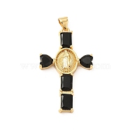 Rack Plating Brass Pendants, with Glass Cubic Zirconia, Religion Heart Cross with Virgin Mary Charm, Cadmium Free & Lead Free, Long-Lasting Plated, Real 18K Gold Plated, Black, 39x23x4mm, Hole: 5x3mm(KK-D087-16G-02)