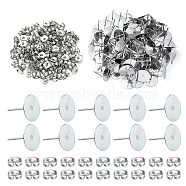 100Pcs 304 Stainless Steel Stud Earring Findings, Flat Round Pad Base Earring Settings, with 100Pcs Friction Ear Nuts, Stainless Steel Color, 12x10mm, Pin: 0.8mm(STAS-YW0001-43B)